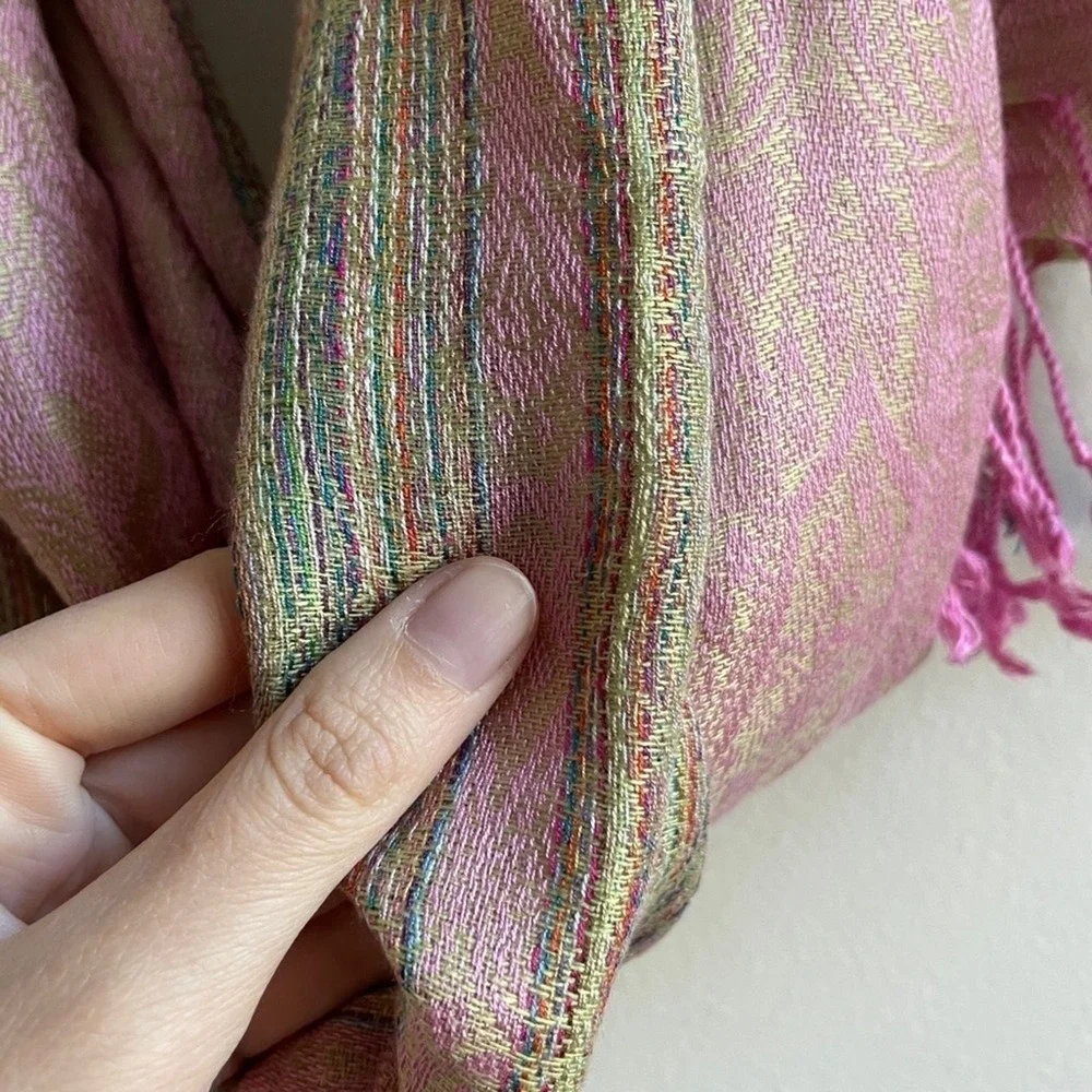 Tulip Pashmina Cashmere Silk Scarf OS Pink Green Womens Handwoven Paisley
